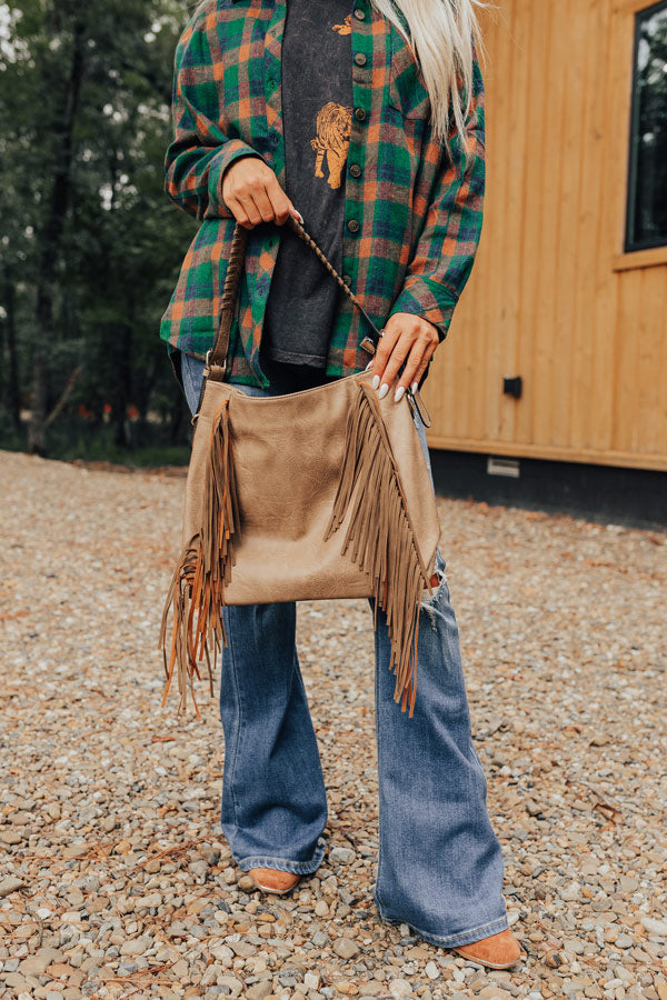 The Edith Faux Leather Fringe Tote In Warm Taupe