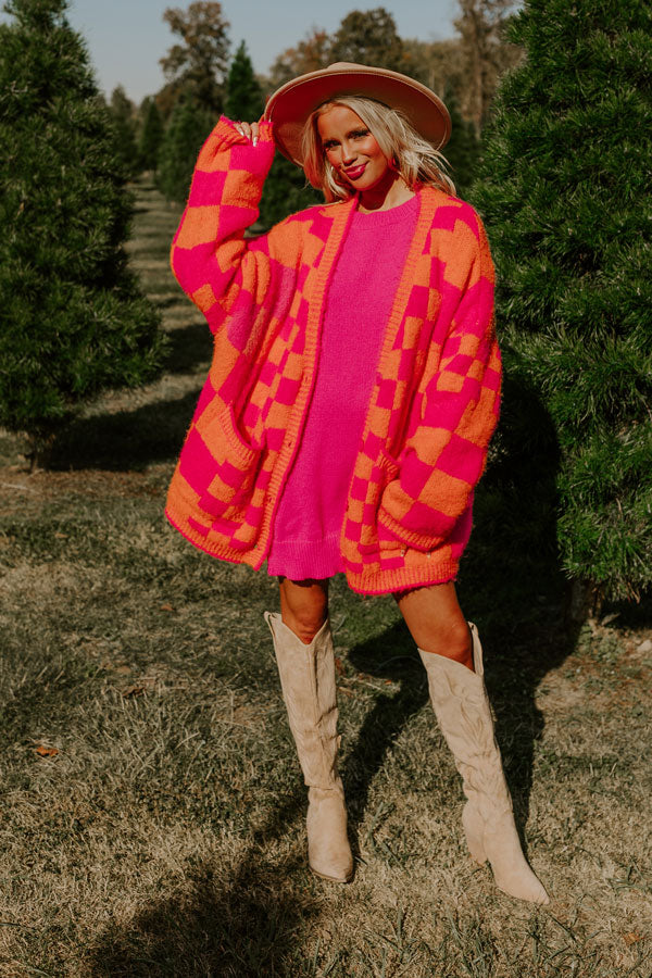 Around The Block Checkered Cardigan in Hot Pink Image - 2