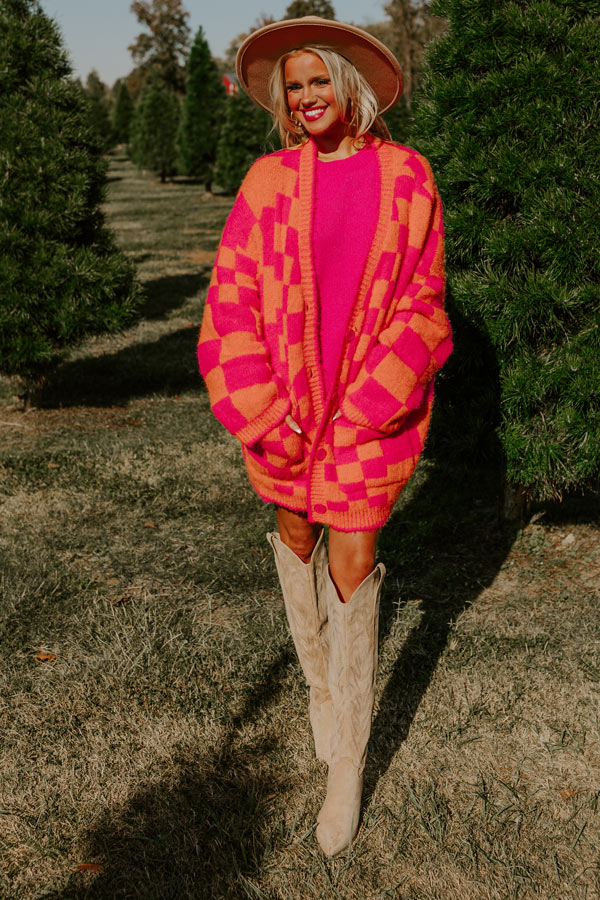 Around The Block Checkered Cardigan in Hot Pink Image - 5