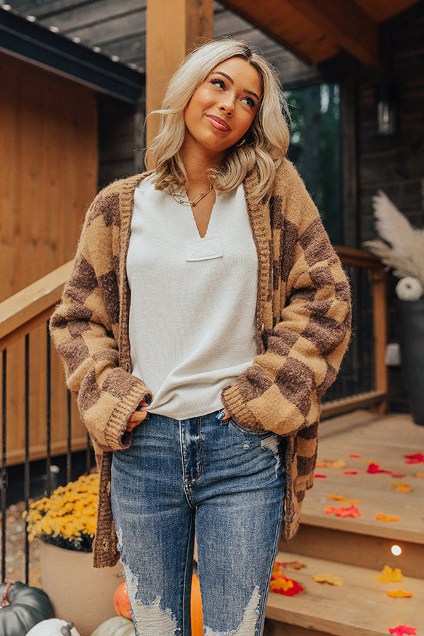 Around The Block Checkered Cardigan in Iced Latte