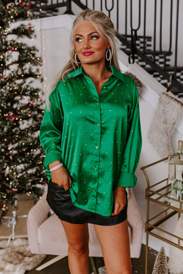 Milan Muse Rhinestone Satin Top In Kelly Green Image - 1