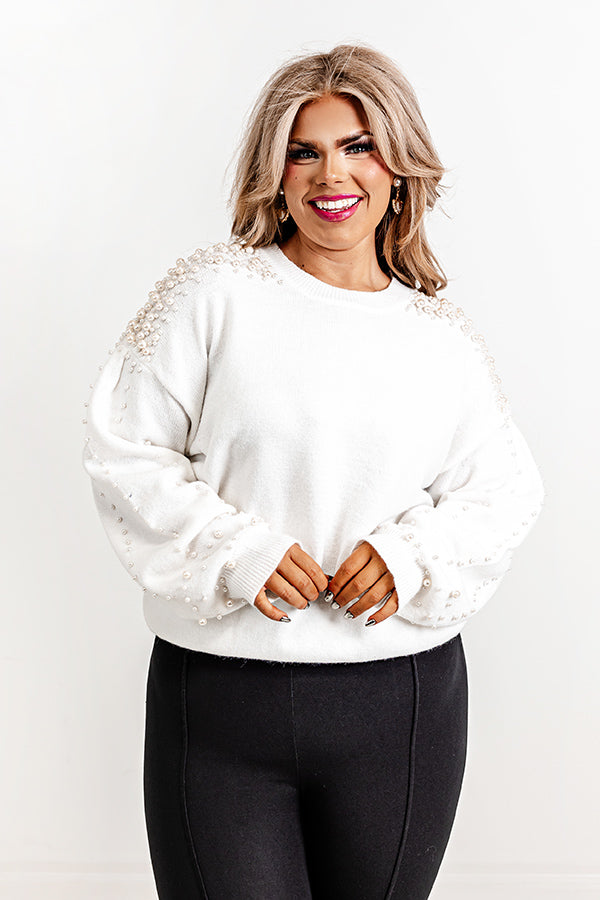 Modern Muse Pearl Embellished Sweater In White Curves Image - 2