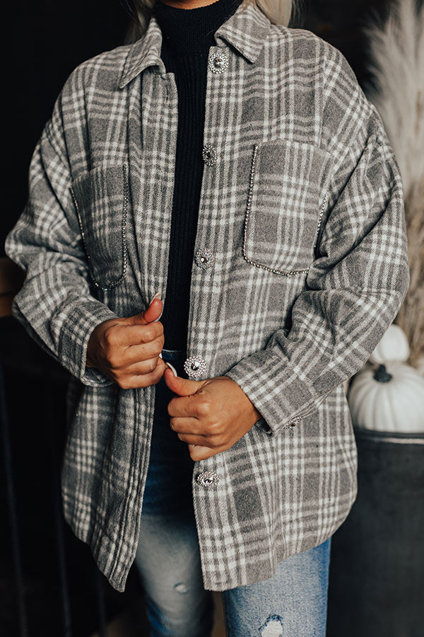 Start The Bonfire Embellished Plaid Jacket in Grey Image - 3