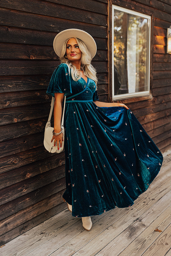 Boho Vibes Embroidered Velvet Midi in Teal Image - 1