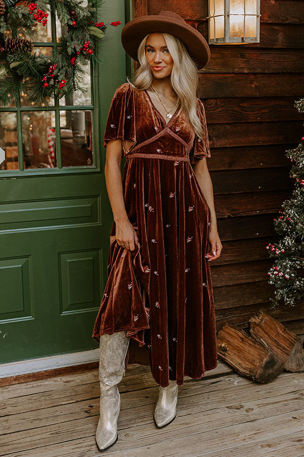 Boho Vibes Embroidered Velvet Midi in Chocolate Image - 1