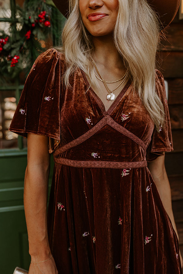 Boho Vibes Embroidered Velvet Midi in Chocolate Image - 2