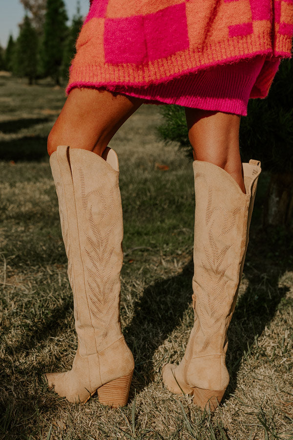 The Jessica Faux Suede Knee High Cowboy Boot in Iced Latte Image - 5