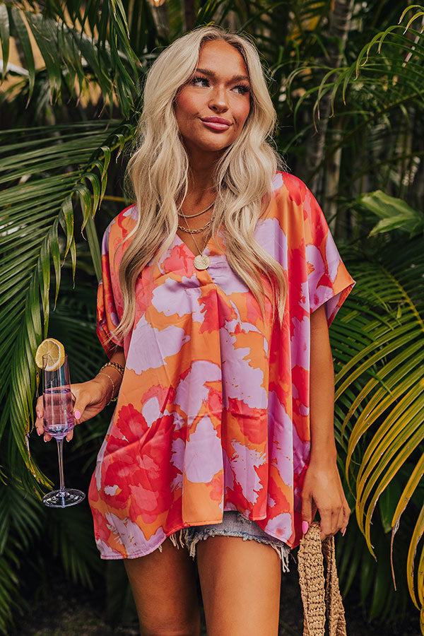 Hibiscus Happiness Satin Shift Top in Coral Image - 1
