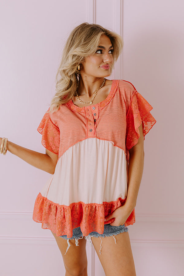 Springtime Sips Lace Babydoll Top In Coral Image - 2