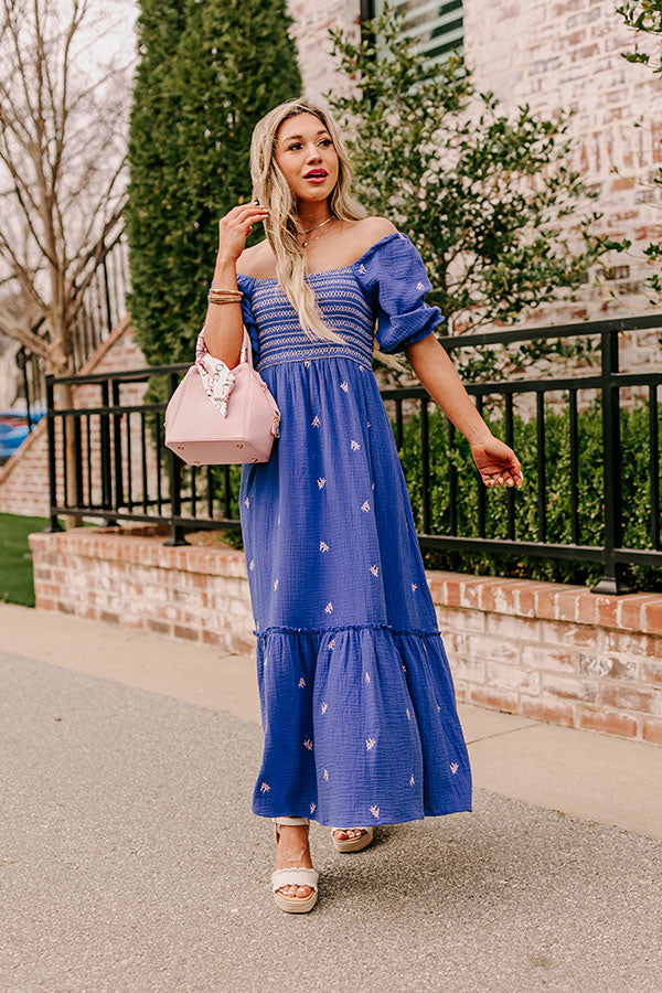 Farmers Market Stroll Smocked Maxi in Indigo Image - 1
